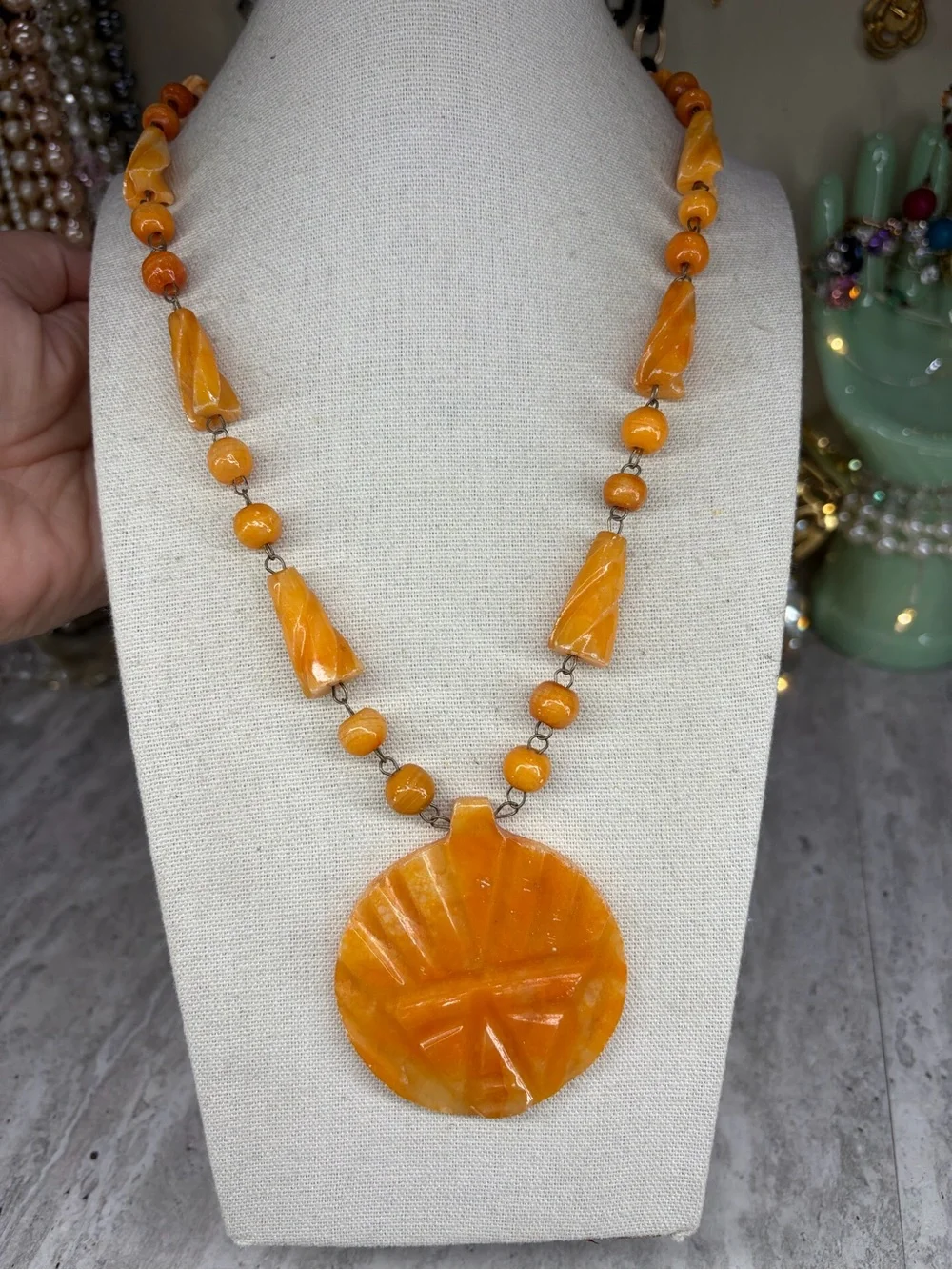 Carved Mexican Yellow Onyx Stone Necklace Pendant Necklace Orange Jewelry